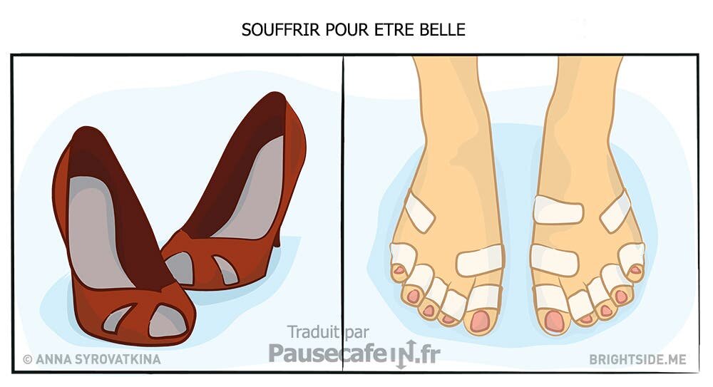souffrance pieds chaussures talons femme dessin illustrations pansements douleur