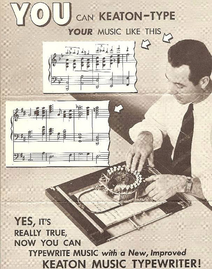 Culture Keaton Music entreprise crÃ©ation brevet 1936 1953 machine Ã  Ã©crire partitions musique