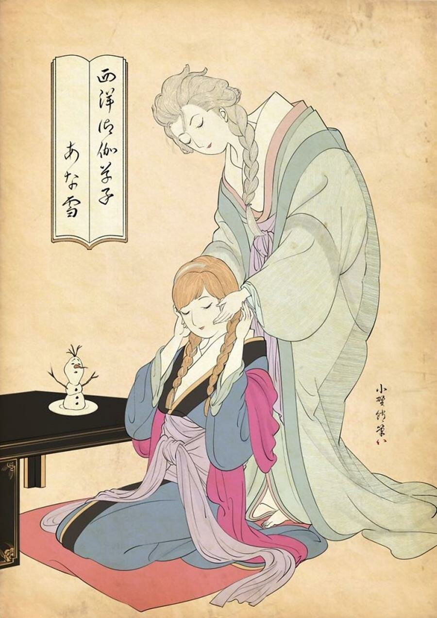 estampe japonaise, disney, elsa, anna