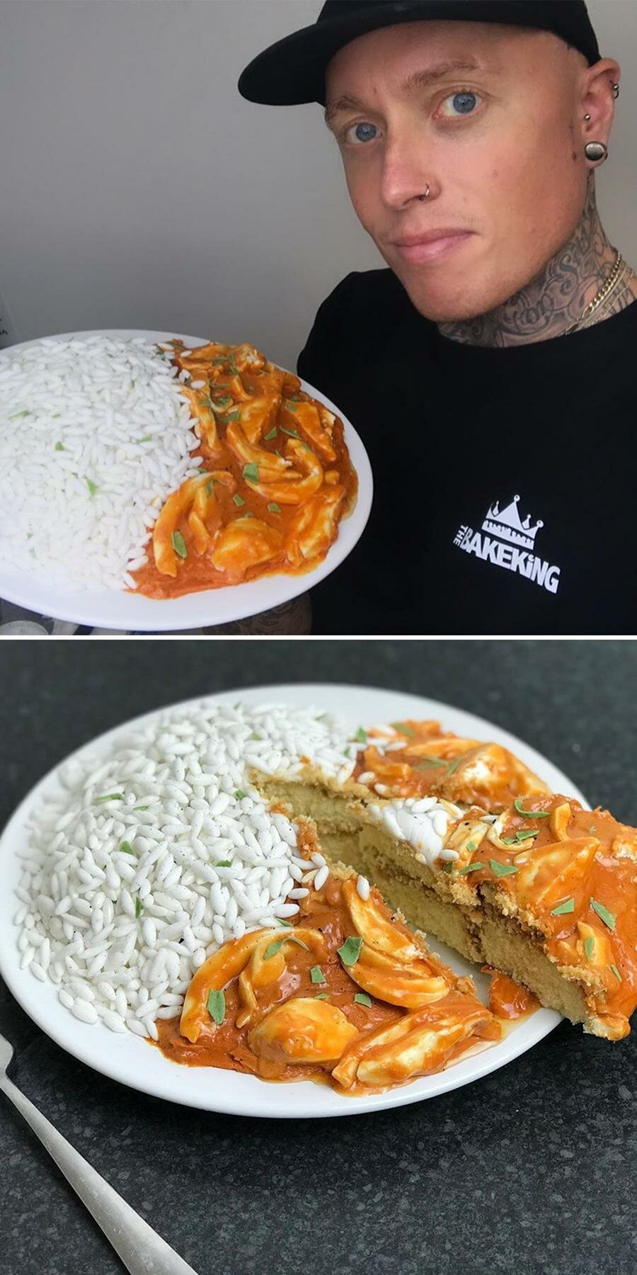 gâteau, trompe l??il, the bakeking, plat, riz