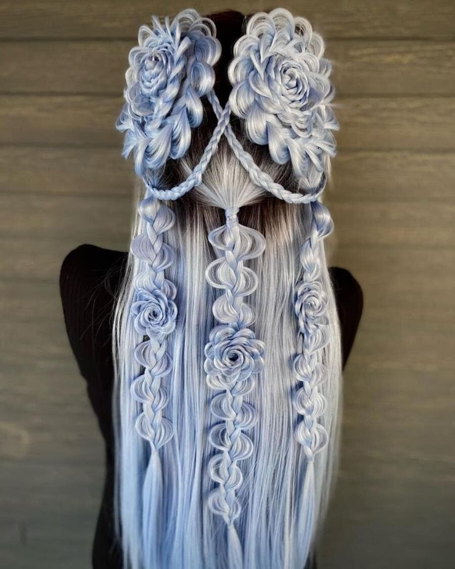 chignons, fleurs, coiffure, bleu, dégradés