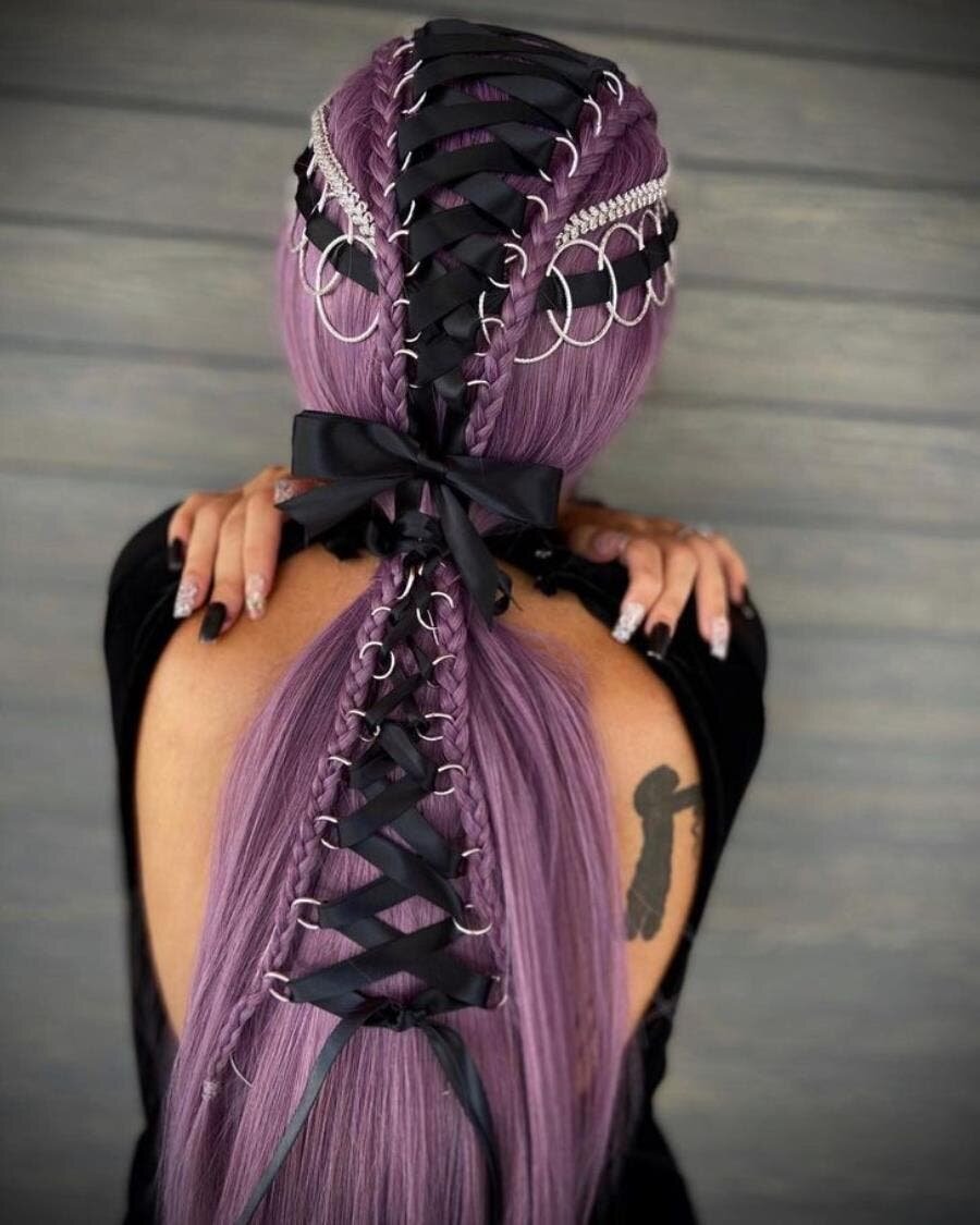 rubans, cheveux, coiffure, violet, art, coiffer