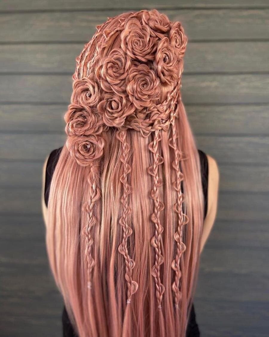 cheveux, lâchés, roses, petit, longs, coiffure