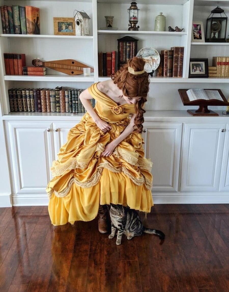 princesse, chat, robe, jaune