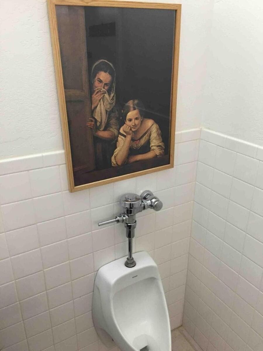 toilette, employé, insolite, humour, tableau