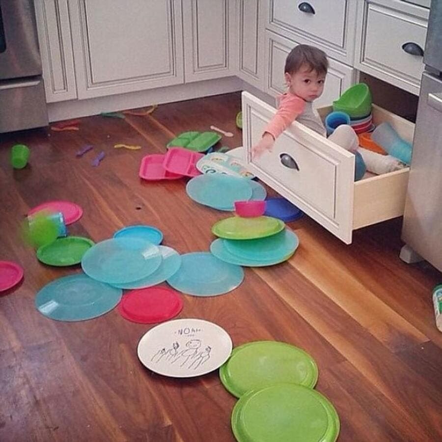 assiette, enfant, tiroir, insolite, bêtise