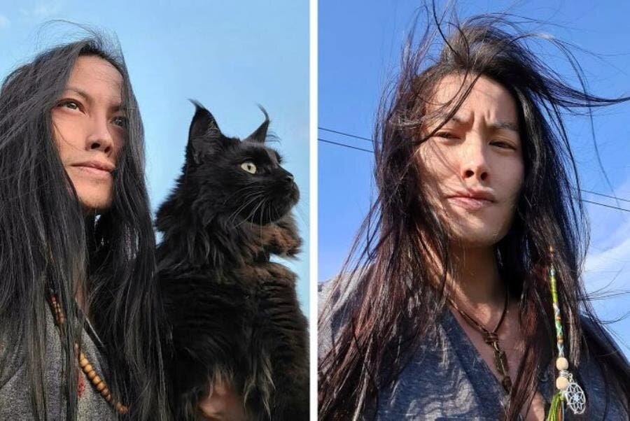 homme, cheveux, longs, chat, noir