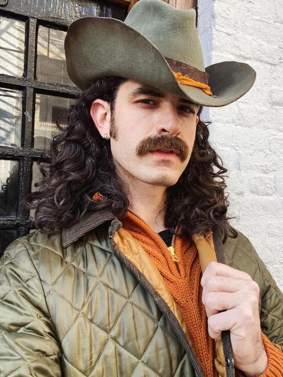 chapeau, cheveux, long, cow-boy, moustahce