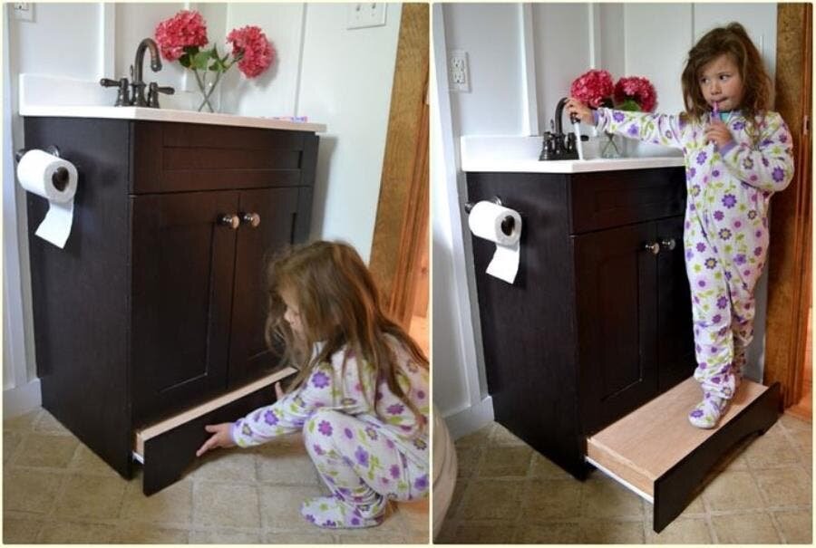 rehausseur, salle de bain, enfant, famille, solution