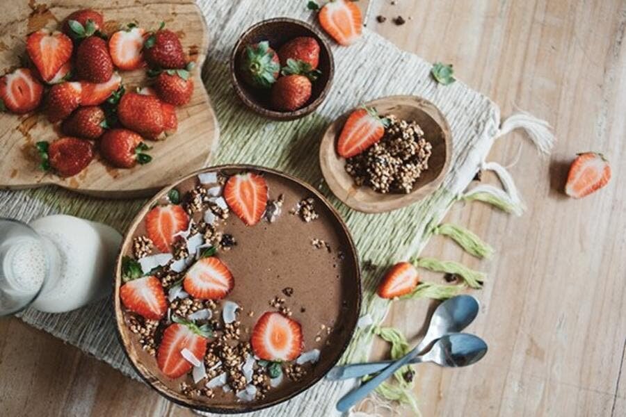 smoothie, bowl, bol, chocolat, fraise, lait