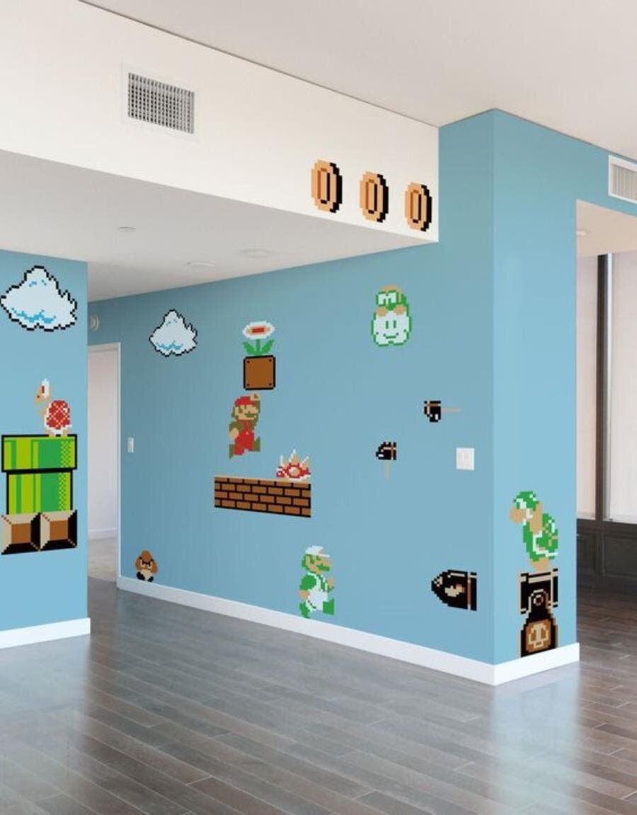 mario, murs, papier peint, bleu, déco