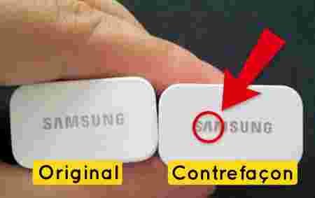 Image représentant le logo d'origine de la marque Samsung et le logo de la contrefaçon légèrement modifié High Tech conseils repérer contrefaçon police d'écriture