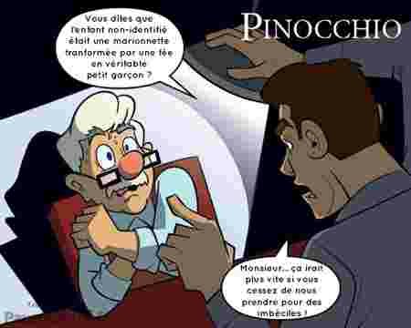 Dessin-animé Disney police intervention Pinocchion Geppetto interrogatoire