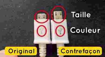 Image représentant un câble d'origine et un câble de contrefaçon dont la taille est différente High Tech conseils repérer contrefaçon câbles entrées USB