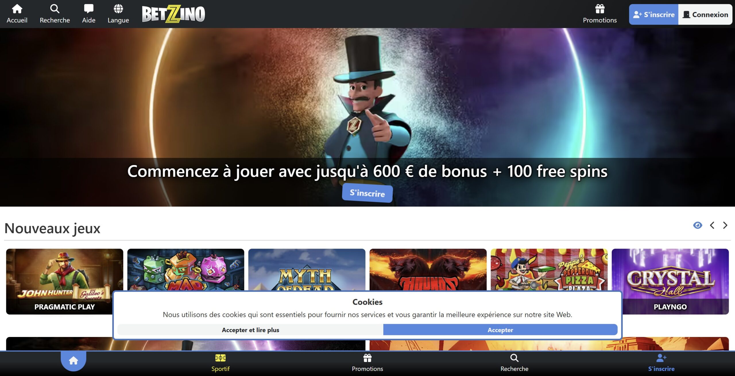 Capture d'écran du site Betzino