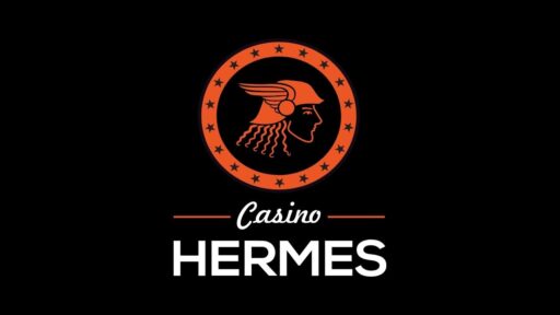 Hermes Casino logo: orange winged-helmet emblem in a star-ring with 'Casino' text below on a black background.