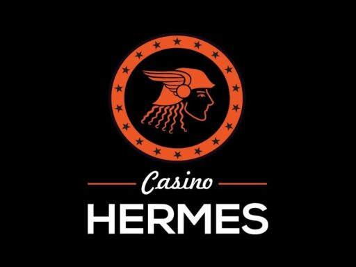 Hermes Casino logo: orange winged-helmet emblem in a star-ring with 'Casino' text below on a black background.