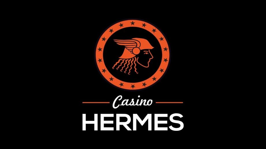 Hermes Casino logo: orange winged-helmet emblem in a star-ring with 'Casino' text below on a black background.