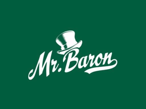Mr. Baron logo: white cursive text with a top hat on a dark green background.