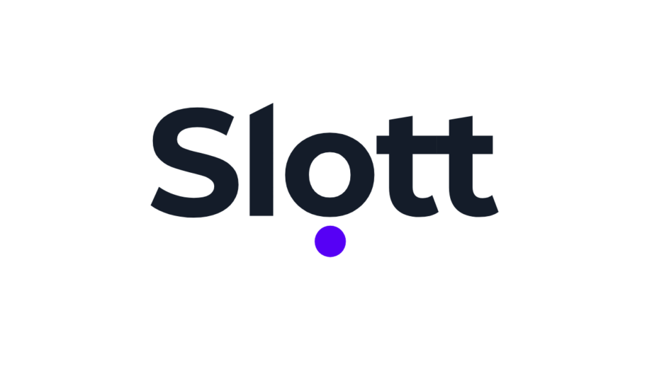 Slott logo: bold black wordmark with a purple dot centered beneath it