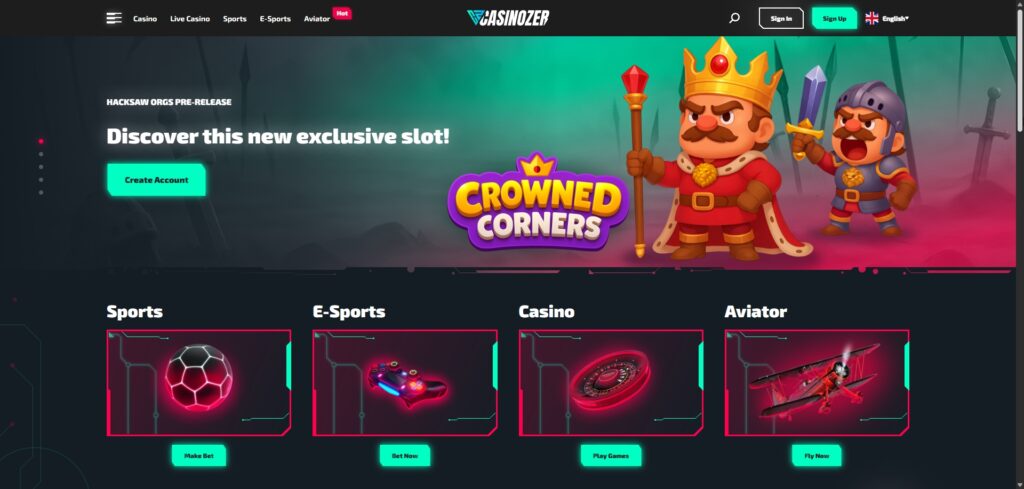 Promotional hero banner for a casino site showing two cartoon knights and the Crowned Corners slot with a bright Create Account button.