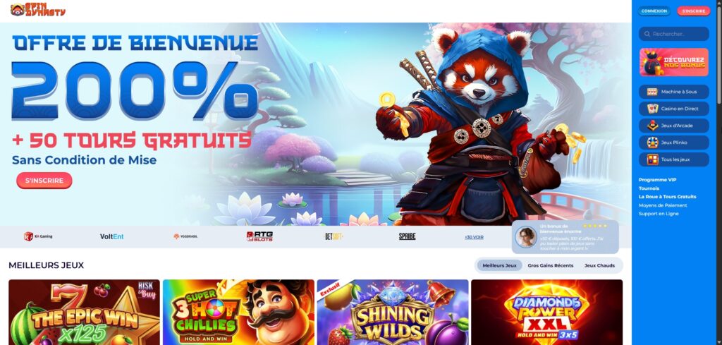 Hero banner advertising a welcome offer: 200% bonus plus +50 free spins with a panda ninja character in a fantasy landscape (Fr: Offre de Bienvenue 200%).