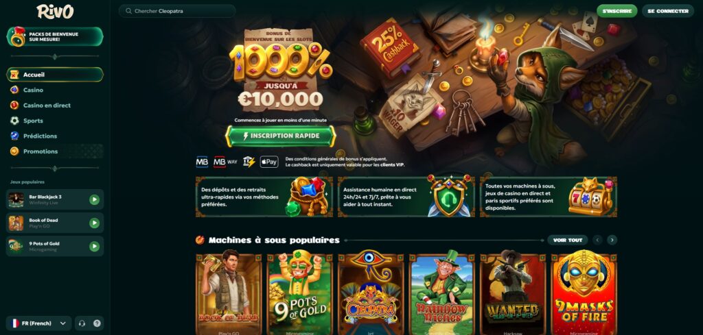 Page d'accueil de Rivo Casino et son bonus de 1000% jusqu'à 10 000 €