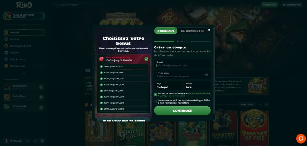 Inscription sur Rivo Casino et choix du pack de bonus