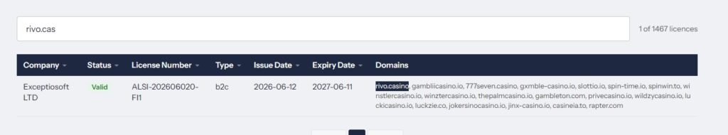 Licence Anjouan valide de Rivo Casino au nom d'Exceptiosoft LTD