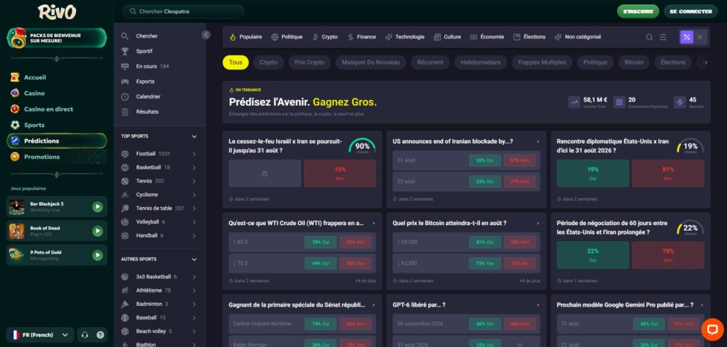 Section prédictions de Rivo Casino : politique, crypto et actualité
